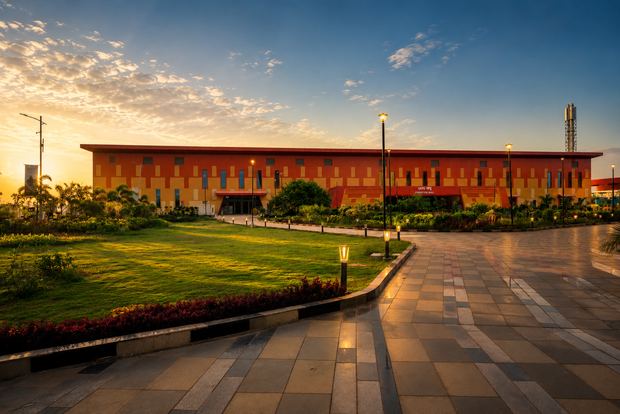 The exhibition hall at dusk