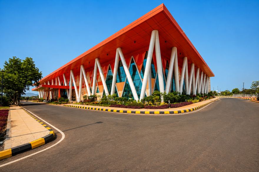 Vayu exhibition hall exterior with orange facade